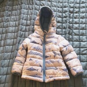 Kickee Pants Puffer Jacket, Khaki Shark Pattern, 12-18 Months